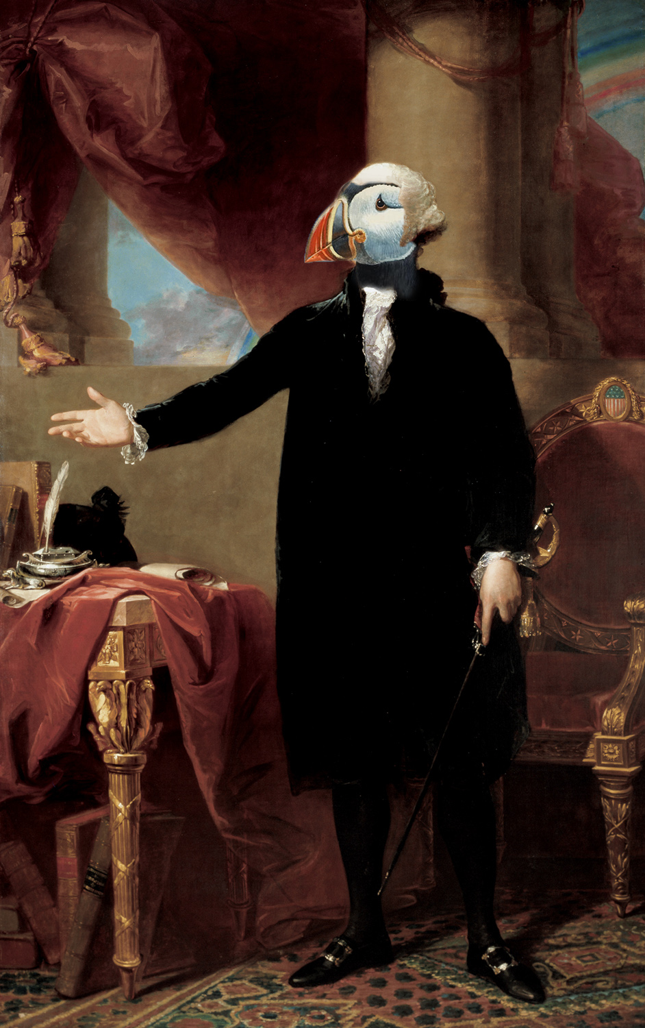a Puffin head photoshopped onto a paintingof george washington