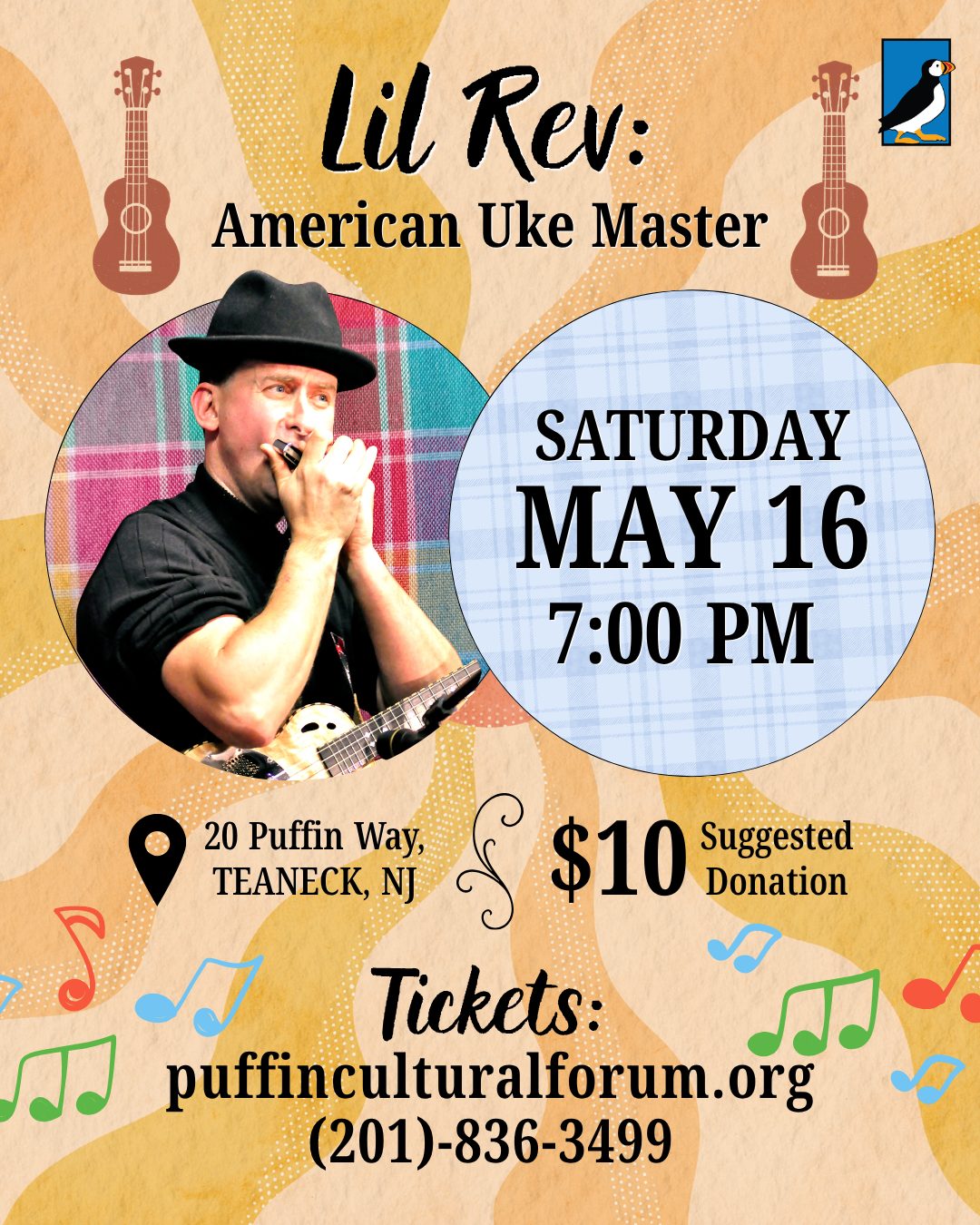 Lil Rev concert poster: featured performer playing a ukulele with bold event details—May 16, 7:00 PM, Teaneck NJ, $10 donation.