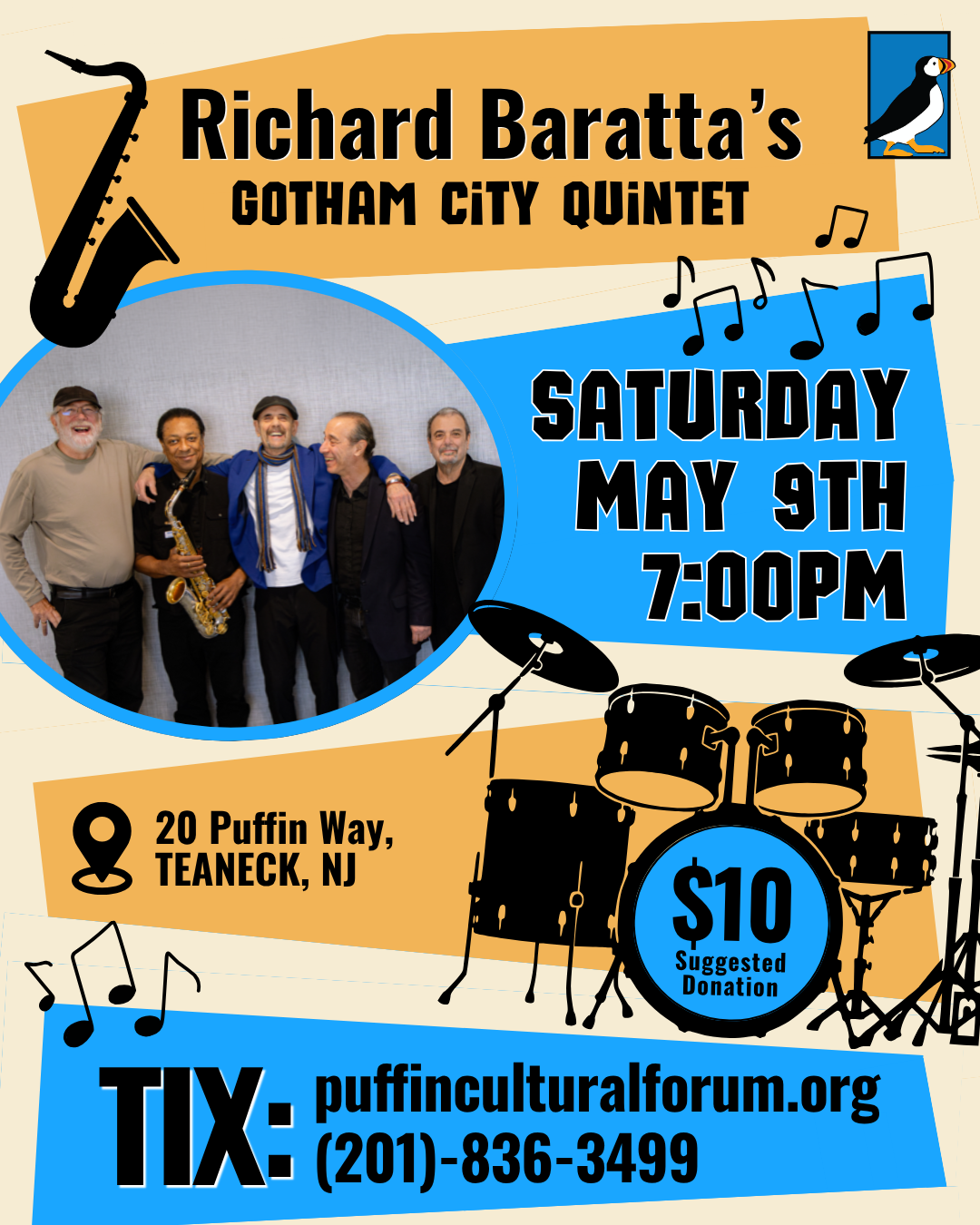 Poster advertising Richard Baratta's Gotham City Quintet concert: group photo inset, bold event title, date/time (Sat May 9, 7:00 PM), location 20 Puffin Way, Teaneck, NJ, $10 suggested donation, tickets at puffinculturalforum.org.