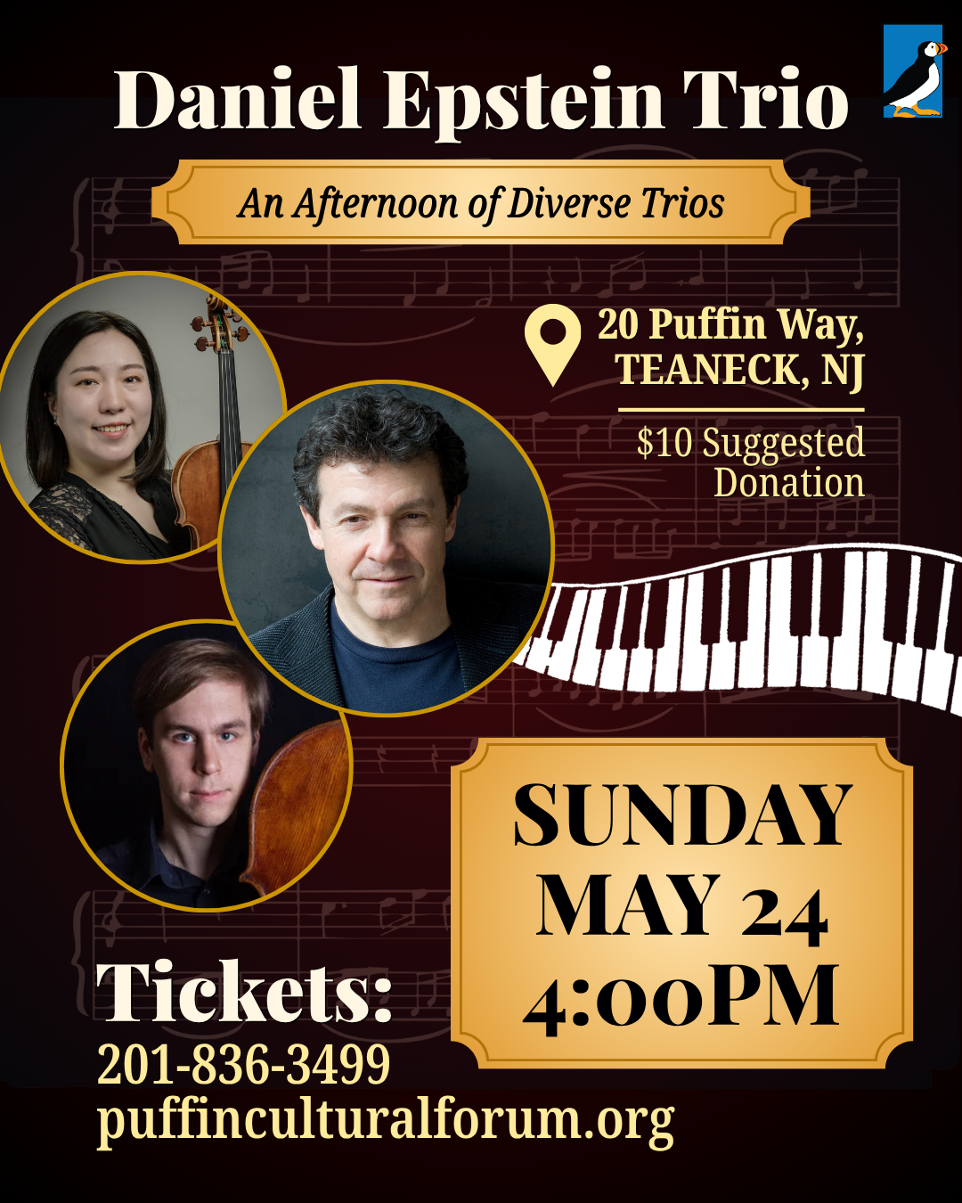 Daniel Epstein Trio- insta flyer 2 - The Puffin Cultural Forum Poster advertising Daniel Epstein Trio concert at 20 Puffin Way, Teaneck, NJ, Sunday May 24 at 4:00 PM; three circular musician headshots and ticket info included.